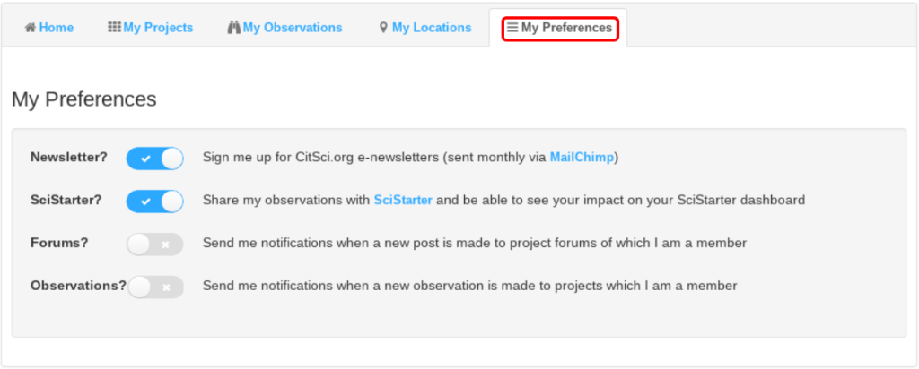 Preferences Tab and Options Highlighted in User Profile