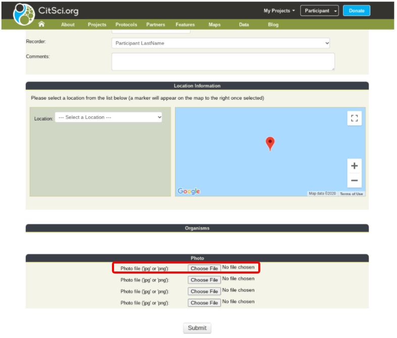 Photo Upload Link Highlighted in a Data Entry Page 