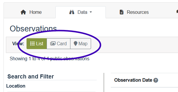 Close-up of the List, Card, and Map buttons on the Observations screen.