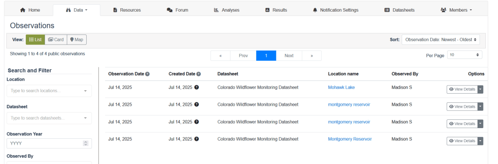 Screenshot showing Observation page
