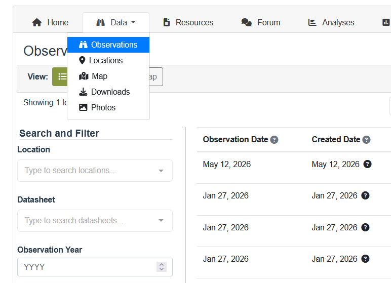 Screenshot showing Observations option of the Data menu.